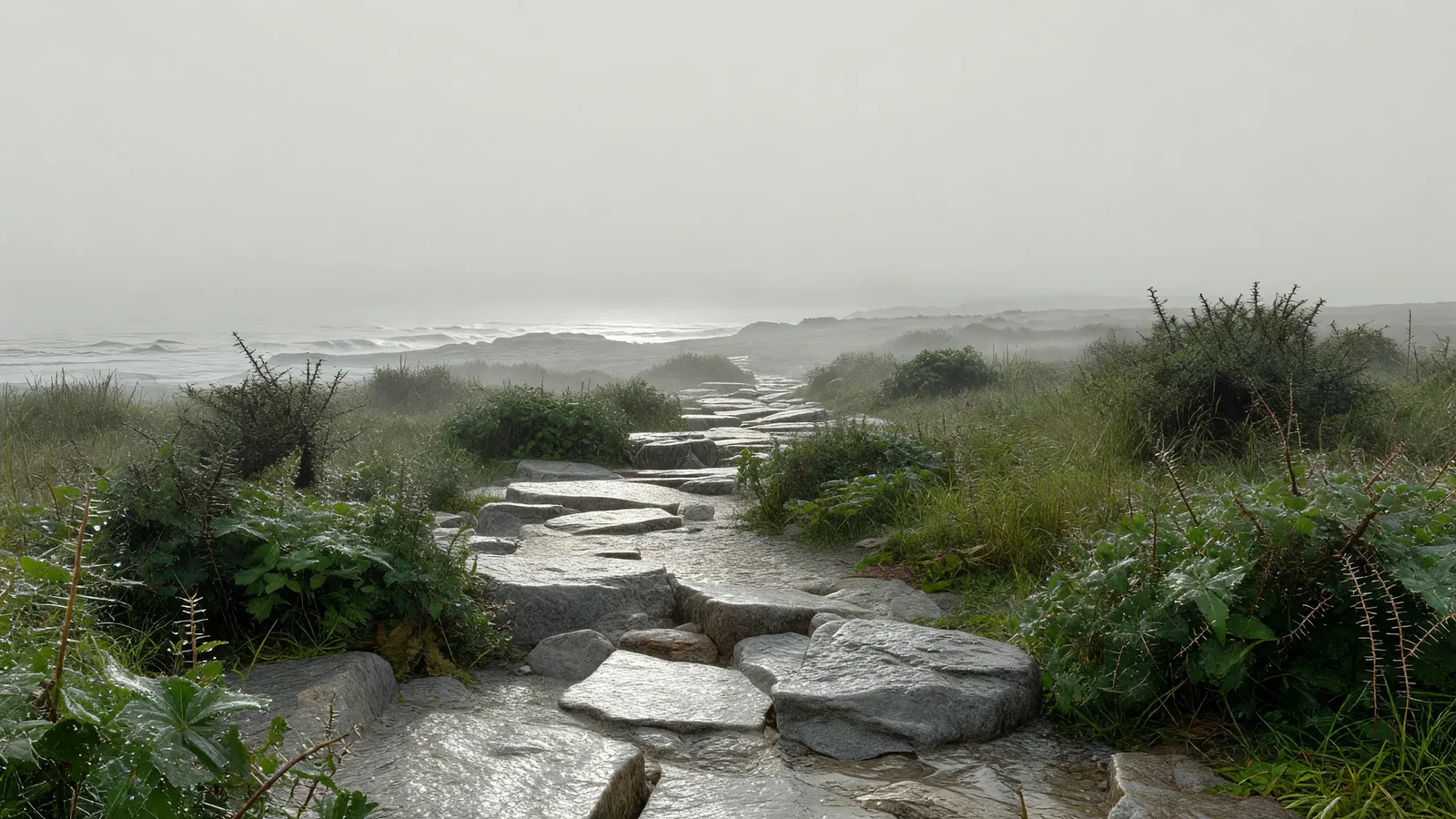 雨に濡れる海岸の小径